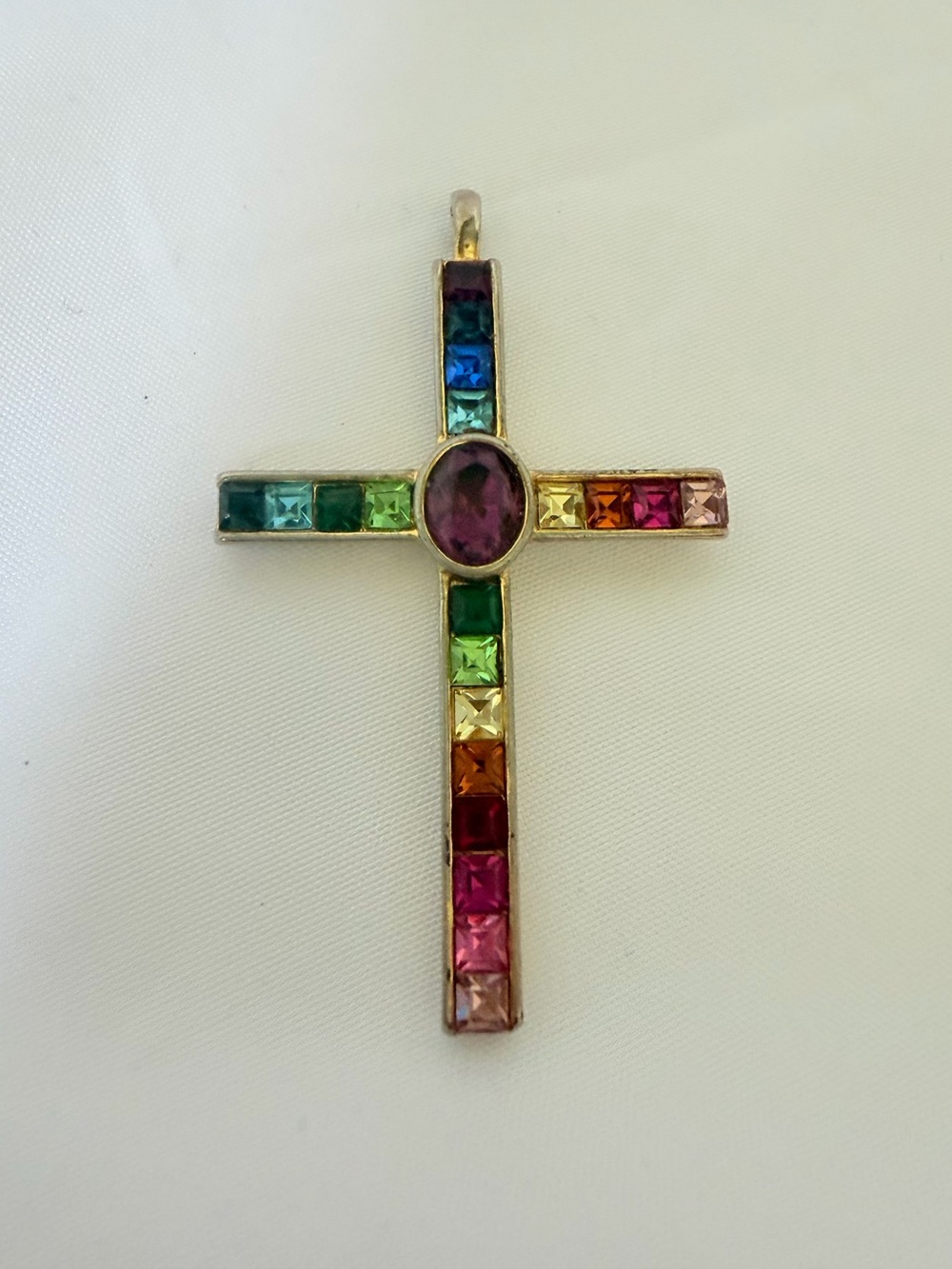 Vintage 1998 PSCO Rainbow Crystal Cross Pendant Gold Tone 2” Multicolor